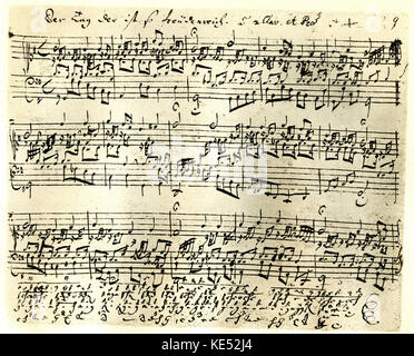 Johann Sebastian Bachs handgeschriebene Manuskript Kerbe für die Chorale prelude 'Der Tag, der ist so freudenreich". BWV 605. JSB, Deutscher Komponist: 21. März 1685 - vom 28. Juli 1750. Stockfoto