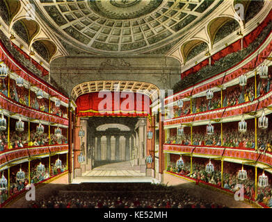 Innenraum der neuen Covent Garden Theatre (Königliches Theater), 1809 - 1856. Von Robert Smirke, entworfen, das die zweite Theater wurde auf der Website von Was ist jetzt das Royal Opera House, Covent Garden. Das erste Theater brannte im Jahre 1808 und die zweite war auch durch einen Brand im Jahr 1856 zerstört. Stockfoto