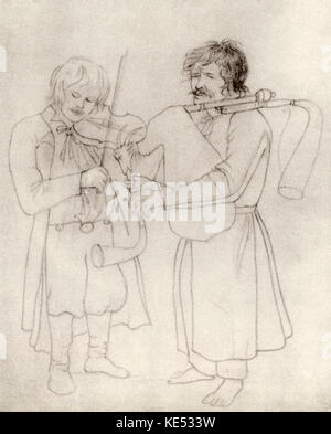 Polnische Fiddle Player und Dudelsackspieler - traditionelle Dudelsack aus Ziegenhaut, die mit der Leitung in den Kopf der Ziege eingefügt. Stockfoto