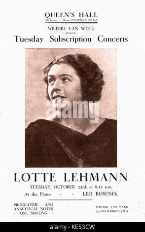 Lotte Lehmann: Die deutsche Sopranistin Oper und Lied Sänger, 27. Februar 1888 - 26. August 1976. Programm für die Queen's Hall. Dienstag Abonnement Konzerte, 1934-1945 Saison präsentiert von Wilfrid Van Wyck. Leo Rosenek am Klavier. WVW: Britische klassische Musik Künstler, Manager, 1905-13. Oktober 1983. Stockfoto