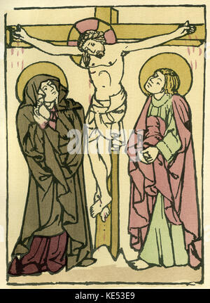 Die Kreuzigung Christi. Die Jungfrau Maria, rechts, und Mary Magdelene, siehe Jesus gekreuzigt. Bildunterschrift: "Kreuzigung Christi". Fränkische Kupferstich, ca. 1420-1430. (Deutsch) Stockfoto