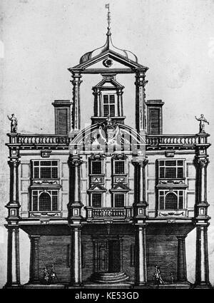 Duke's Theater, Dorset Street, London. Die alte Königin Theater in Dorset Gärten, in denen Purcells "The Fairy Queen", die erstmals in 1692 produziert wurde. Händels in London entworfen von Sir Christopher Wren. Eröffnet 1671 bis zum Anfang des 18. Jahrhunderts. Stockfoto