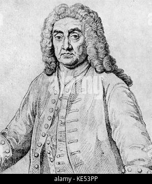 John James (Johann Jakob) Heidegger (1659-1749), Schweizer zählen und führende impresario von maskeraden in der ersten Hälfte des 18. Jahrhunderts. William Hogarth veröffentlicht eine Satire auf Heidegger in seinem Drucken, Maskeraden und Opern. Händel-Verbindung. Stockfoto