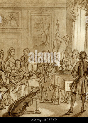 John James (Johann Jakob) Heidegger (1659-1749), spielen auf dem Cembalo oder Cembalo an einem Kammermusik sammeln in Montague House in London. Zeichnung von Marcellus Ulpius. (Schweizer zählen und führende impresario von maskeraden in der ersten Hälfte des 18. Jahrhunderts. William Hogarth veröffentlicht eine Satire auf Heidegger in seinem Drucken, Maskeraden und Opern.) Stockfoto