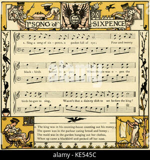 Lied von sixpence, (ein Lied singen von sixpence, eine Tasche voller Roggen) Kinderlieder Score, Illustration (1877) von Walter Crane. Englischer Künstler von Kunst und Handwerk Bewegung, 15. August 1845 - 14. März 1915 Stockfoto