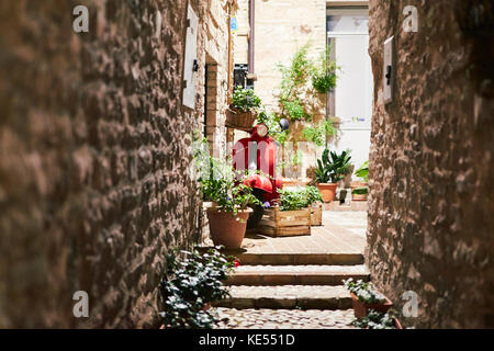 Red Vespa Piaggio in einem mittelalterlichen Gasse - spello Stockfoto