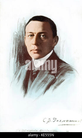 Sergey Rachmaninov - Portrait. Russischen Pianisten und Komponisten, 1. April 1873 - vom 28. März 1943. Sergei. Rachmaninows Signatur in der rechten Ecke. Eingefärbte Version. Stockfoto