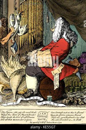Händel, Georg Friedrich. "Die charmante Brute". Deutsch-englischer Komponist, 1685-1759. Händel Karikatur von Goupy, 1754. Eingefärbte Version. Stockfoto