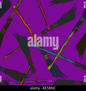 Besen, Hand gezeichnet Doodle, Skizze im Pop Art Stil, nahtlose Muster auf lila Hintergrund Stockfoto
