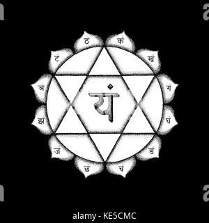 Vektor 4 Herz Chakra Anahata sanskrit Saatgut mantra yam Hinduismus Silben auf Lotusblüten. dot arbeiten Tattoo Style Hand gezeichnet White monochrome Symb Stock Vektor