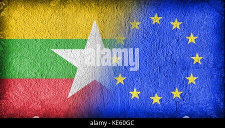 Myanmar und die Eu, Fahnen gemalt auf gerissenen Beton Stockfoto