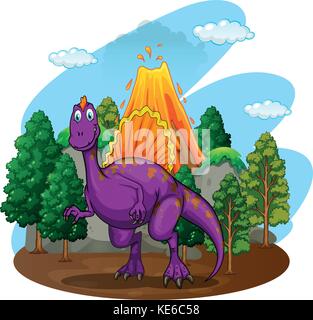 Lila Dinosaurier mit Vulkan hinter Abbildung Stock Vektor