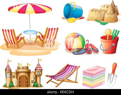 Strand mit Sitz und Spielzeug Abbildung Stock Vektor
