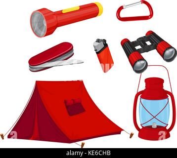 Camping Ausrüstungen in roter Farbe Abbildung: Stock Vektor