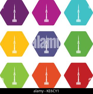 Namsan Tower in Seoul Icon Set Farbe hexaeder Stock Vektor
