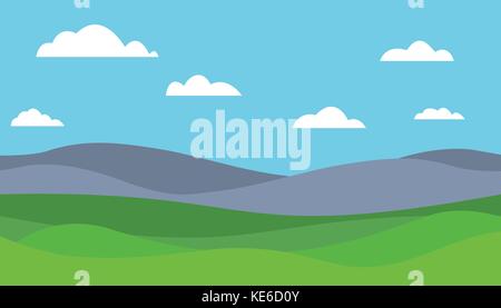 Cartoon bunte Vektor flachbild Abbildung: Berglandschaft mit Wiese unter blauem Himmel mit Wolken Stock Vektor