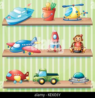 Verschiedene Spielzeuge auf Regalen Abbildung Stock Vektor