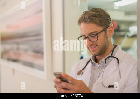 Männlicher Arzt SMS mit Handy im Krankenhaus Stockfoto
