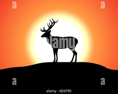 Vektor Hirsch mit Hörnern gegen den Sonnenuntergang ansehen Stock Vektor