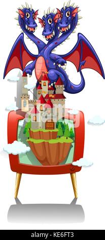 Drache und Burg auf dem TV-Bildschirm Abbildung Stock Vektor