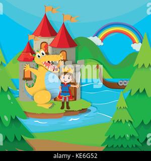 Prinz und Drachen in den fairy land Abbildung Stock Vektor