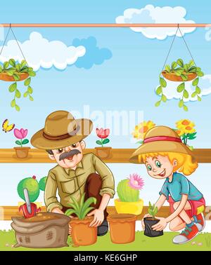 Vater und Tochter Pflanzung im Garten Abbildung Stock Vektor