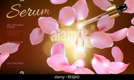 3d realistische Blume Natur Bio Kosmetik ad. rosa Blütenblatt Glas Serum essence Gesicht Öl Tröpfchen. Flasche Pipette golden Werbemittel Plakat template Vector Illustration Stock Vektor