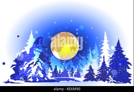 Winter Forest, Mond, hohe Fichte, Nacht Stock Vektor
