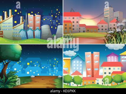Vier Szenen der Blick auf die Stadt bei Nacht Stock Vektor