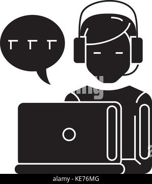 Support - Kundendienst - Mann mit Computer und Headset und Symbol Chat, Vector Illustration, schwarze Zeichen auf isolierten Hintergrund Stock Vektor