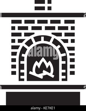 Mauerwerk Heizung - Kamin mit gemauerten Schornstein mit Feuer Symbol, Vector Illustration, schwarze Zeichen auf isolierten Hintergrund Stock Vektor