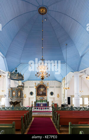 Innenraum Arjeplog Kirche, der schönen rosa Kirche; Arjeplog, Norrbotten County, Schweden Stockfoto