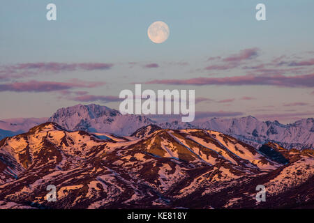 Der Mond erhebt sich über den Bergen von Denali National Park bei Sonnenaufgang, Alaska, Vereinigte Staaten von Amerika Stockfoto