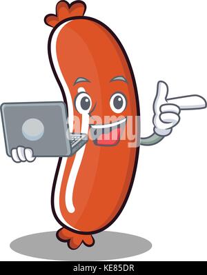 Mit laptop Wurst Charakter Cartoon Stil Stock Vektor