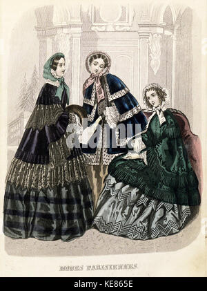 Diese Illustration aus der Ausgabe 1854 des „Stockholms Mode Journal“ zeigt Modetrends in Schweden der Mitte des 19. Jahrhunderts und hebt historische Kleidung und Stile hervor. Stockfoto
