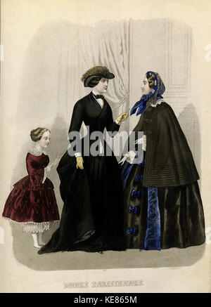 Diese Illustration aus dem Stockholms Mode Journal aus dem Jahr 1854 zeigt ein Modedesign aus der Mitte des 19. Jahrhunderts und zeigt die Kleidungsstile und Trends dieser Zeit. Stockfoto