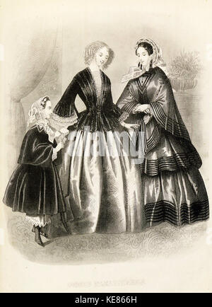 Diese Illustration aus der Ausgabe 1855 der Zeitschrift „Stockholms Mode Journal“ zeigt Modetrends der Mitte des 19. Jahrhunderts in Schweden und zeigt zeitgenössische Bekleidungsstile. Stockfoto