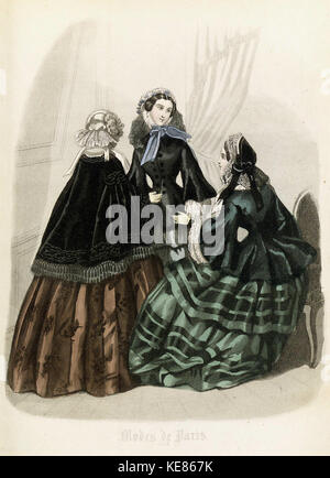 Eine Illustration aus dem *Stockholms Mode Journal* von 1856, die wahrscheinlich die Modetrends dieser Zeit zeigt. Es spiegelt die Stile und die Textilien wider, die in Stockholm Mitte des 19. Jahrhunderts vorherrschten. Stockfoto