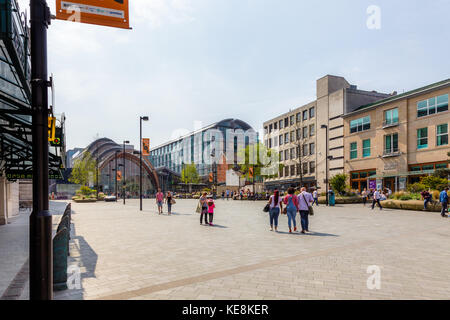 Ein sonniger Tag im Tudor Square schaut in den Winter Gardens, von Sheffield lyceum Eingang, Sheffield, South Yorkshire, Großbritannien Stockfoto