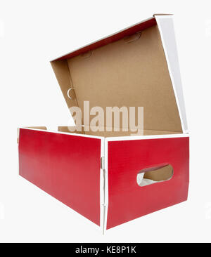 Vorder- und Seitenansicht der leeren roten und weißen Schuhkarton. isoliert. Stockfoto
