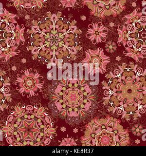Florale nahtlose Muster mit stilisierten Schneeflocken. beige braun rot Schneeflocken auf Weinig im Hintergrund. Stock Vektor