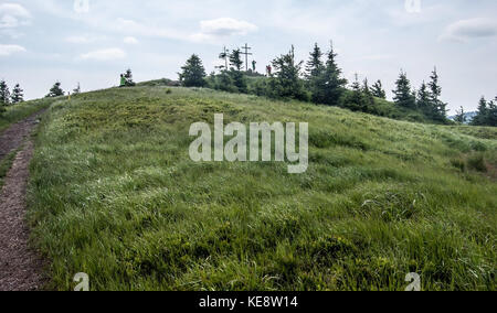 Stadt vrutky mincol Hügel oberhalb in der Mala Fatra Gebirge in der Slowakei mit Wanderweg, Bergwiese, wenige Bäume und Kreuz auf dem Gipfel Stockfoto