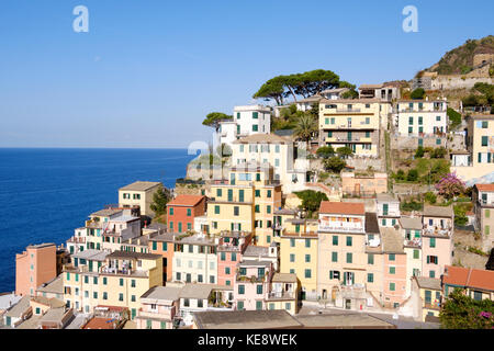 Blick auf die Stadt mit ihren farbenfrohen Häusern in Riomaggiore, Cinque Terre, Ligurien, Italien Stockfoto