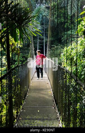 Man überqueren eine Hängebrücke in La Fortuna, Costa Rica Stockfoto