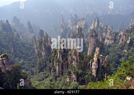 Felsformationen um Landschaftspark Wulingyuan gelegen Scenic Area. Was für eine dramatische Landschaft! Pic war in Granby, September 2017. Stockfoto