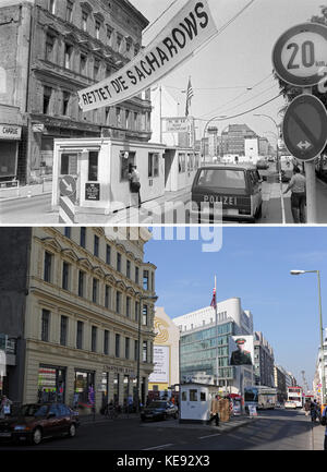 Das zweiteilige Verbundbild zeigt den ehemaligen Grenzübergangskontrollpunkt Charlie in Berlin, Deutschland, 19. Mai 1984 (oben) und 28. September 2010 (unten). Das Banner auf dem historischen Foto oben lautet „Rettet den Sacharow“ und bezieht sich auf die sowjetischen Dissidenten A. Sacharow und seine Frau J. Bonner, die von der sowjetischen Regierung nach Gorki ins Exil geschickt worden waren und erst 1986 nach Moskau zurückkehren durften – nach fast sieben Jahren im Exil. Zwanzig Jahre nach der Wiedervereinigung Deutschlands erinnert das Berliner Mauermuseum und eine Nachbildung der Kontrollhütte am Checkpoint Charlie an die bewegende Geschichte der Grenze Stockfoto