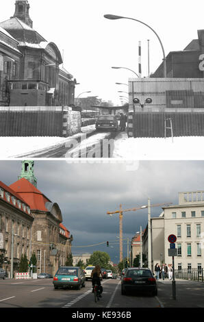 Das zweiteilige Verbundbild zeigt ostdeutsche Grenzschutzbeamte am Grenzübergang Invalidenstraße/Ecke Sandkrugbrücke, in Richtung Ost-Berlin, 05. März 1971 (oben). Das Foto unten zeigt die Straße am 12. September 2009 an gleicher Stelle mit dem Gebäude, in dem heute das Bundesministerium für Wirtschaft und Technologie (L) untergebracht ist. Hier teilte die Berliner Mauer mit Barrikaden, Todesstreifen und Stacheldraht die Stadt bis November 1989 in Ost und West. Foto: Witschel/Kalaene | Nutzung weltweit Stockfoto