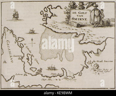 „De Golf van Smirne“ ist eine historische Karte, die von Olfert Dapper im Jahr 1688 erstellt wurde und die Küste des Golfs von Smyrna (heute Izmir, Türkei) zeigt. Sie stellt die kartographischen Praktiken des 17. Jahrhunderts dar. Stockfoto