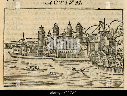 Actium bezieht sich auf die Schlacht von Actium, eine bedeutende Seeschlacht im Jahr 31 v. Chr. zwischen Oktavian und Mark Antonius. Der Verweis auf Gerbelius Nicolas deutet auf eine Illustration oder Darstellung dieses historischen Ereignisses hin. Stockfoto