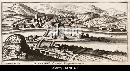 Dieses 1686 entstandene Kunstwerk von Castanowiz Peeters veranschaulicht den barocken Stil mit komplizierten Details und religiöser Symbolik, die in dieser Zeit üblich waren. Stockfoto